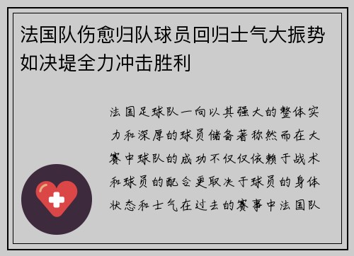 法国队伤愈归队球员回归士气大振势如决堤全力冲击胜利