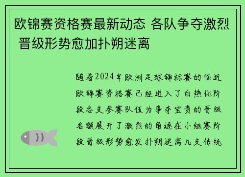 欧锦赛资格赛最新动态 各队争夺激烈 晋级形势愈加扑朔迷离